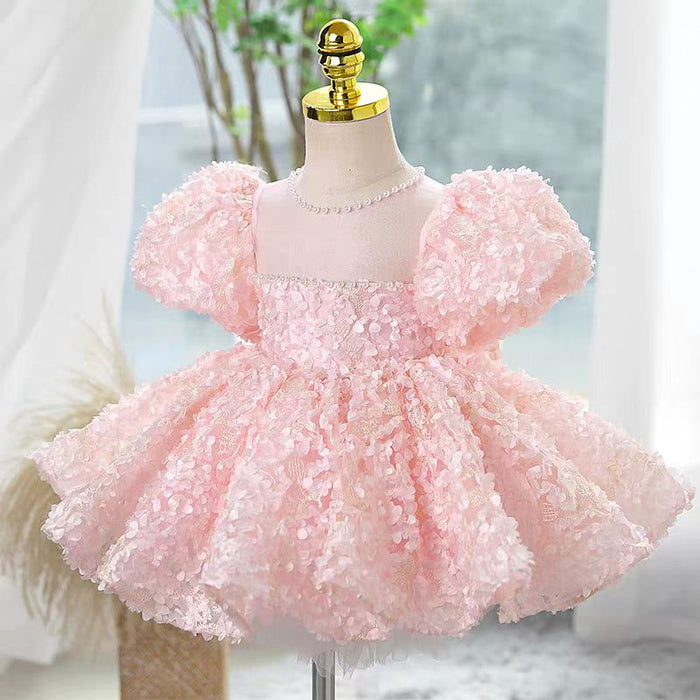 Pink Girl Dress Pearls Arab Kids Princess Party Holiday Gown J730