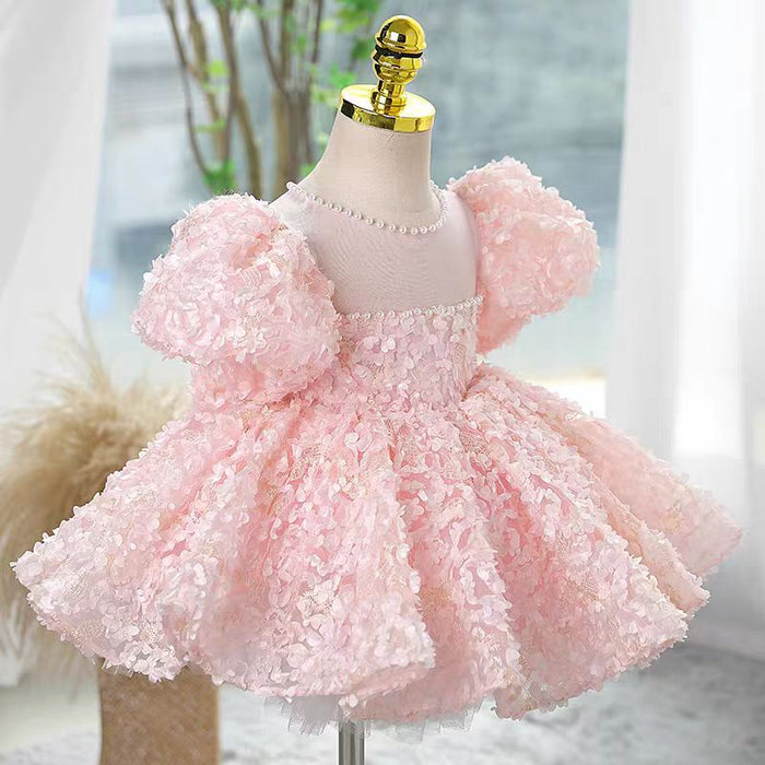 Pink Girl Dress Pearls Arab Kids Princess Party Holiday Gown J730