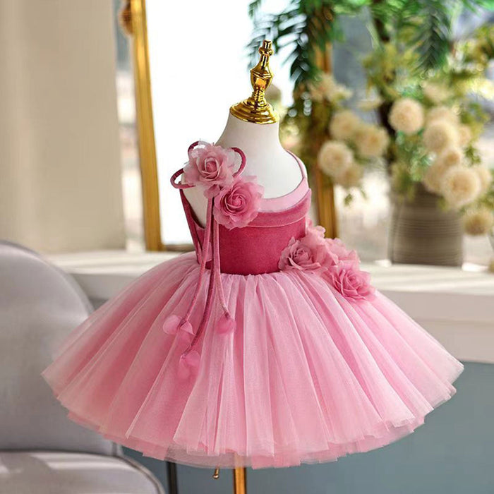 Pink Girl Dress Spaghetti Straps Toddler Kids 1st Birthday Gown J447