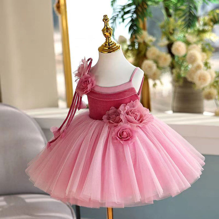 Pink Girl Dress Spaghetti Straps Toddler Kids 1st Birthday Gown J447