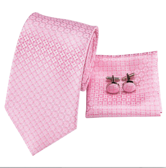 Pink Plaid Men's Tie Pocket Square Cufflinks Set- N-3117 - SimonVon Shop