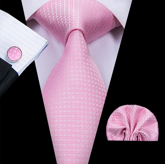 Pink Solid Silk Men's Tie Pocket Square Cufflinks Set-N-3032 - SimonVon Shop