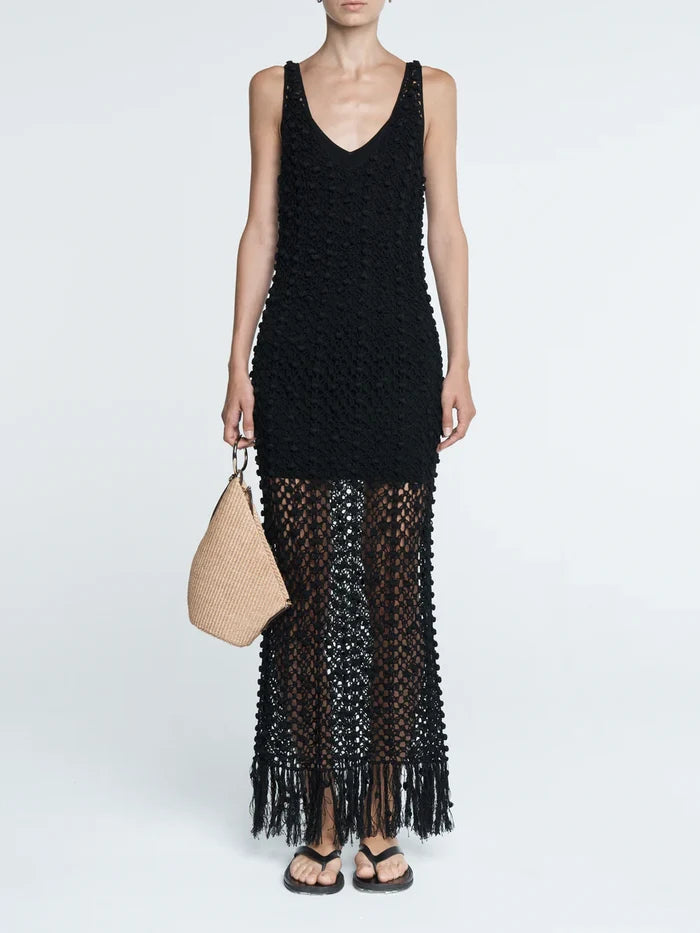 Pom Pom Macrame Dress - Black
