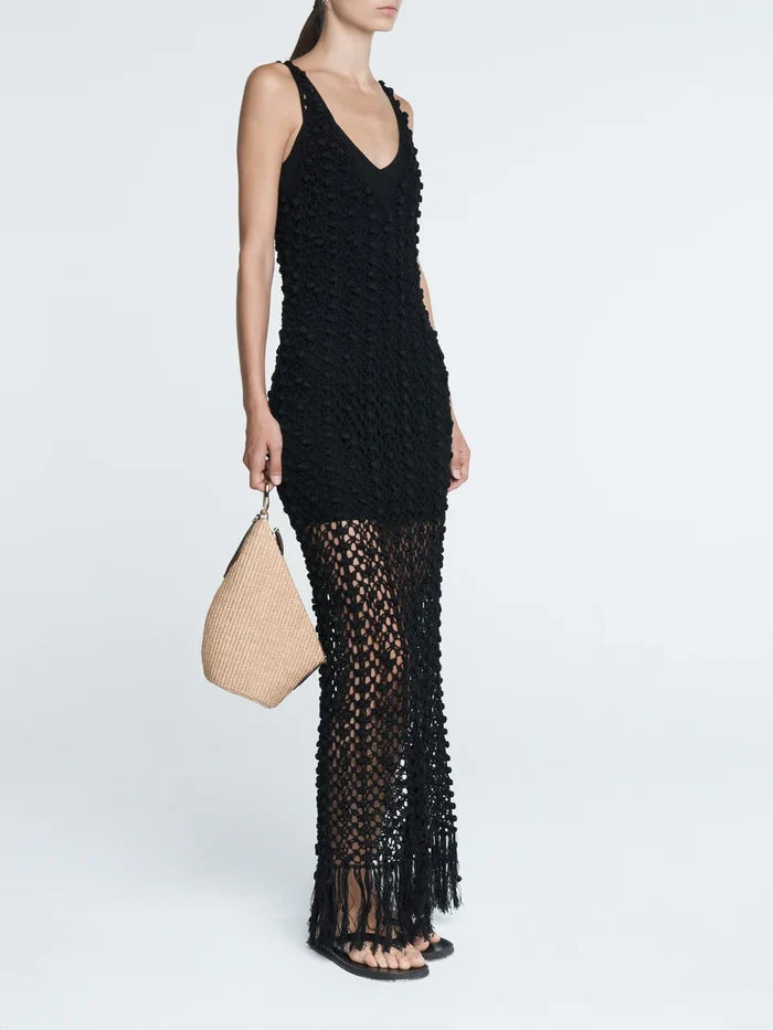 Pom Pom Macrame Dress - Black