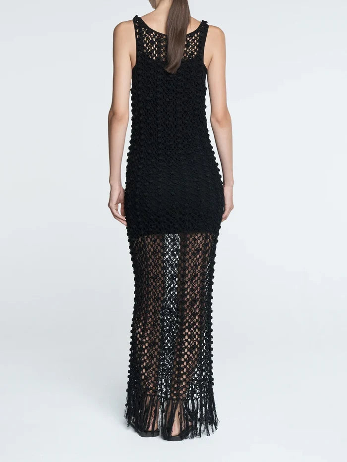 Pom Pom Macrame Dress - Black