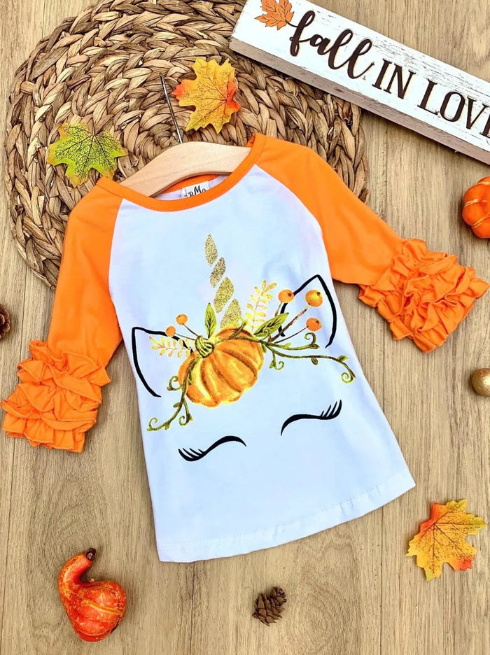 Little Girls Fall Tops | Pumpkin Unicorn Raglan Top - Mia Belle Girls