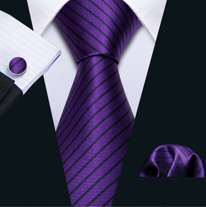 Purple and Black Stripe Tie Hanky Cufflinks Set- N5239 - SimonVon Shop