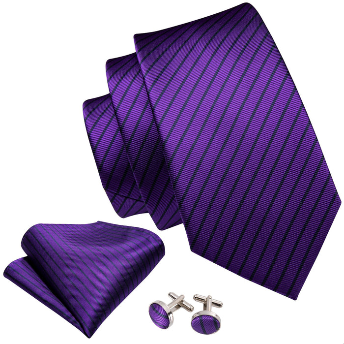 Purple and Black Stripe Tie Hanky Cufflinks Set- N5239 - SimonVon Shop