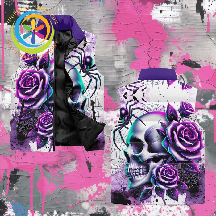 Purple Floral Skull Puffer Vest