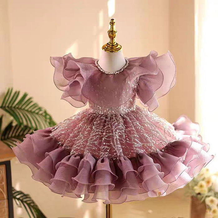 Purple Girl Dress Lace Toddler Kids 1st Birthday Party Gown J449