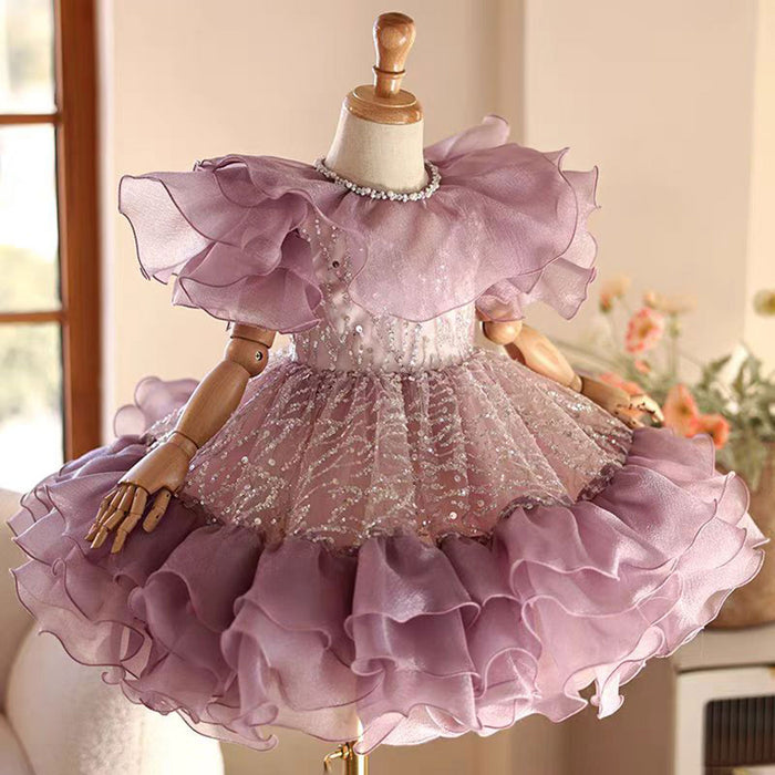 Purple Girl Dress Lace Toddler Kids 1st Birthday Party Gown J449