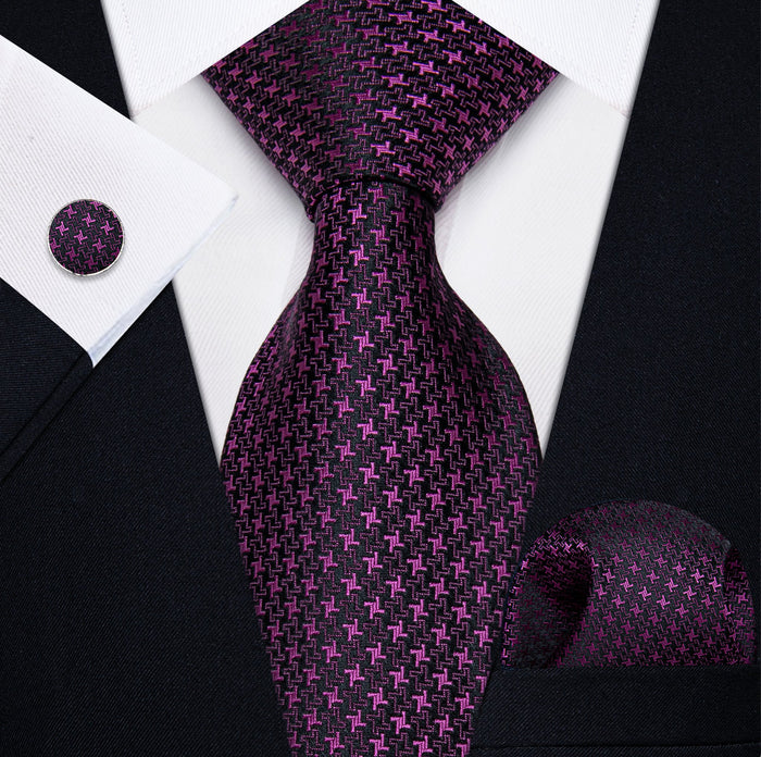 Purple Houndstooth Tie Handkerchief Cufflinks Set - N-9544 - SimonVon Shop