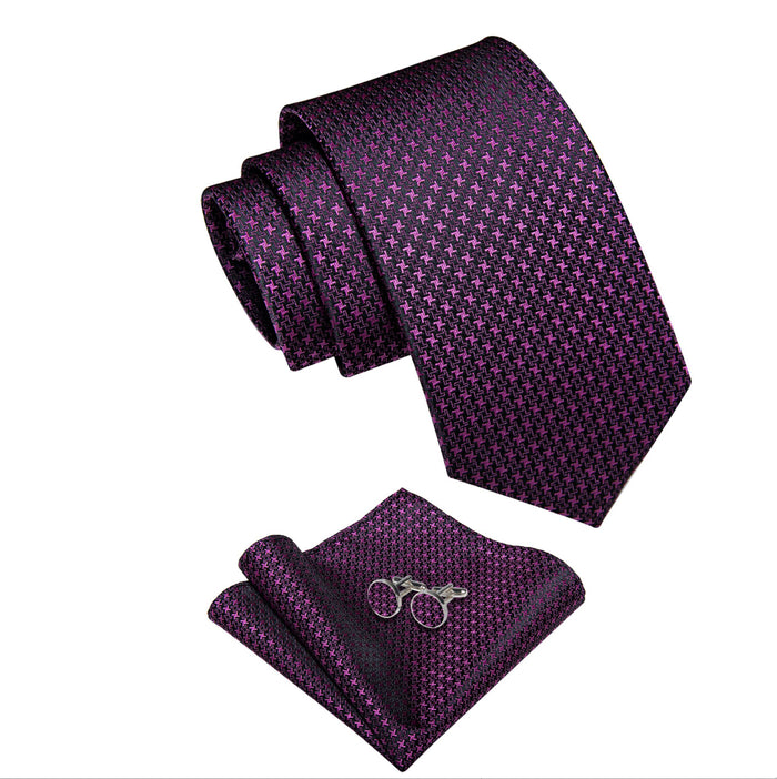 Purple Houndstooth Tie Handkerchief Cufflinks Set - N-9544 - SimonVon Shop