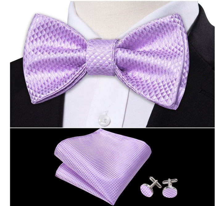 Purple Plaid Silk Self Tie Bow Tie Hanky Cufflinks Set-LH-0990 - SimonVon Shop