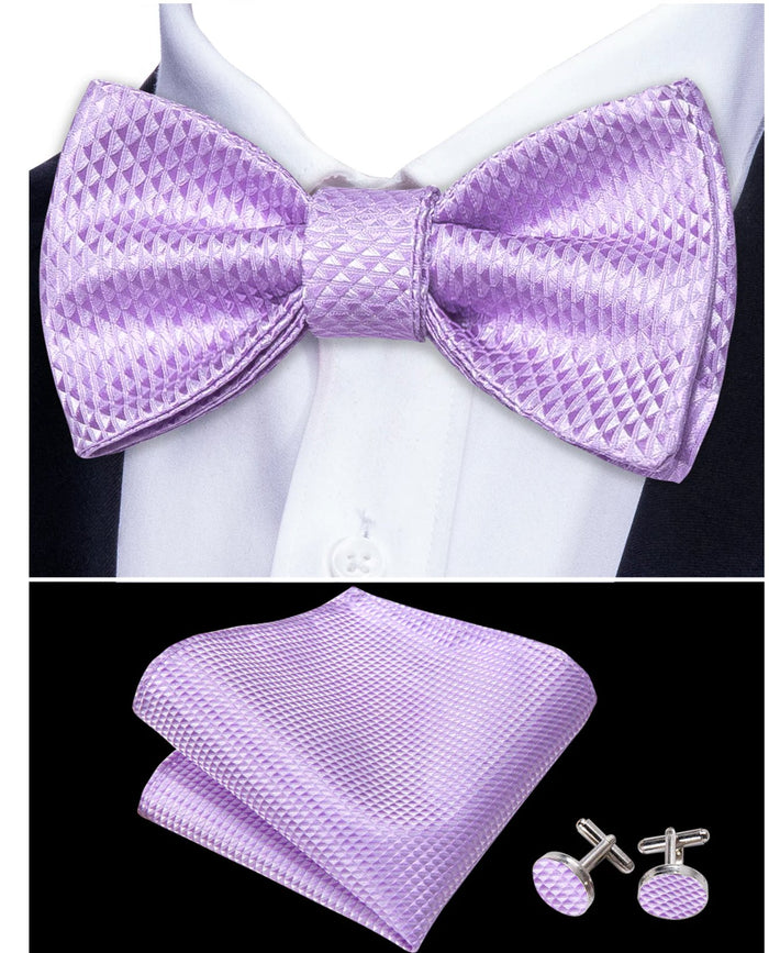 Purple Plaid Silk Self Tie Bow Tie Hanky Cufflinks Set-LH-0990 - SimonVon Shop