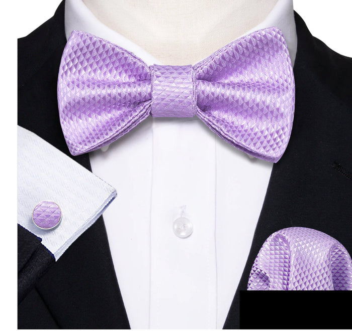 Purple Plaid Silk Self Tie Bow Tie Hanky Cufflinks Set-LH-0990 - SimonVon Shop