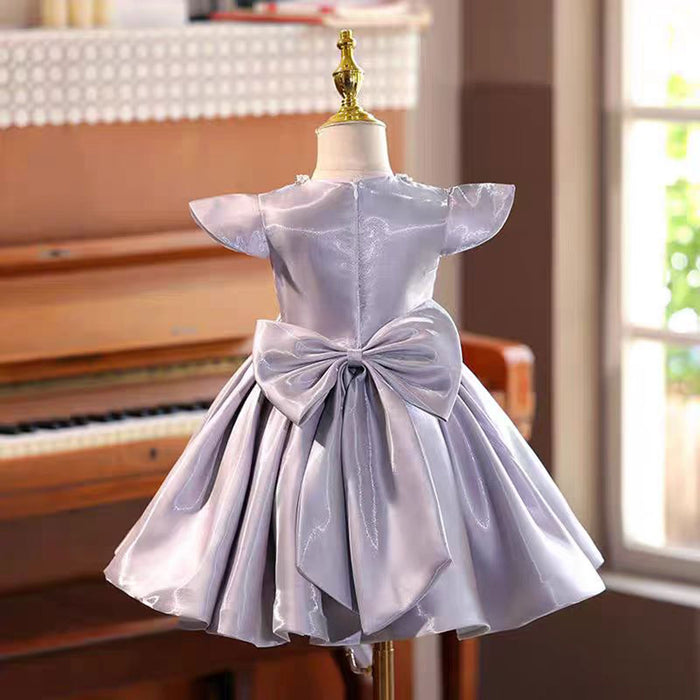 Purple Satin Girl Dress With Bow Kids 1st Birthday Party Gown J764