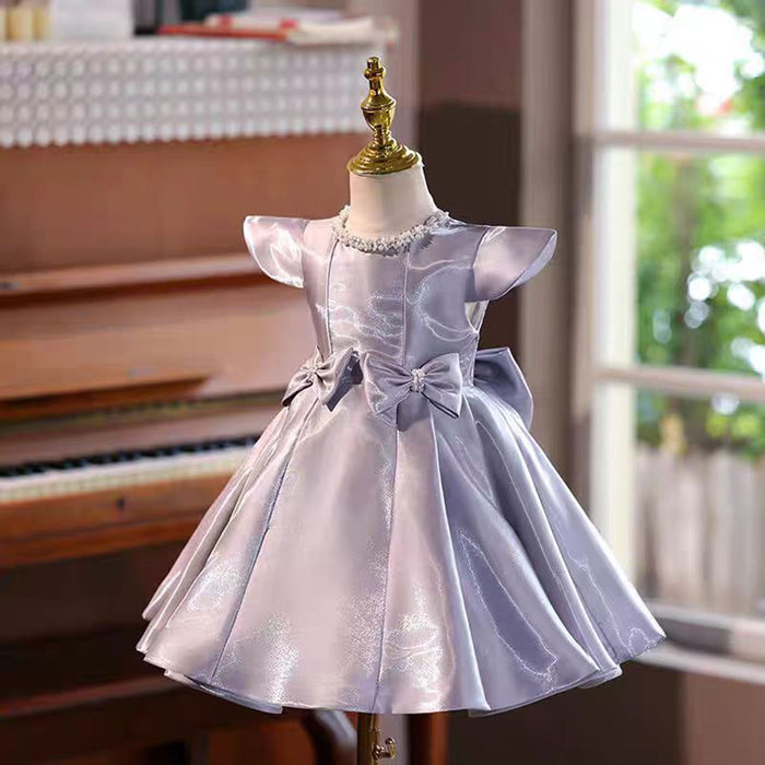 Purple Satin Girl Dress With Bow Kids 1st Birthday Party Gown J764