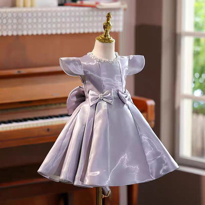 Purple Satin Girl Dress With Bow Kids 1st Birthday Party Gown J764