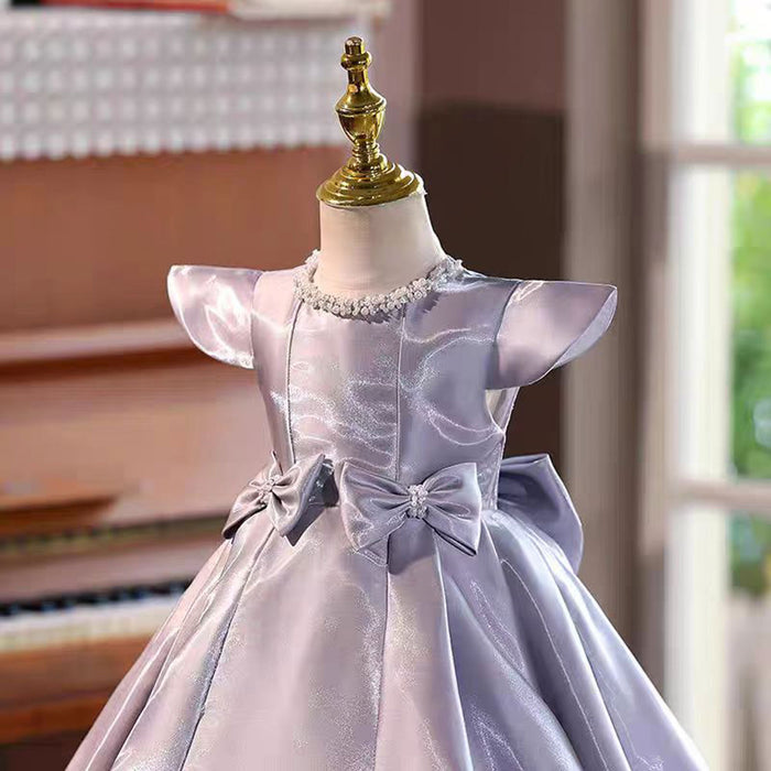 Purple Satin Girl Dress With Bow Kids 1st Birthday Party Gown J764