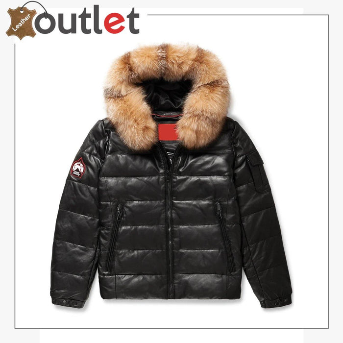 Real quality black mens V bomber leather jacket with fur collar, front view showing V panel