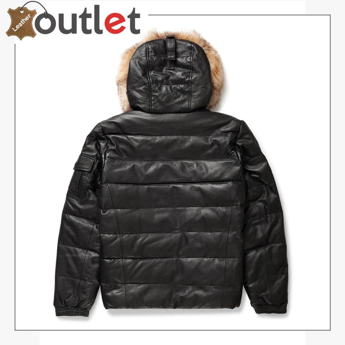 Side view of the black V bomber leather jacket showing tapered waist and fur trim