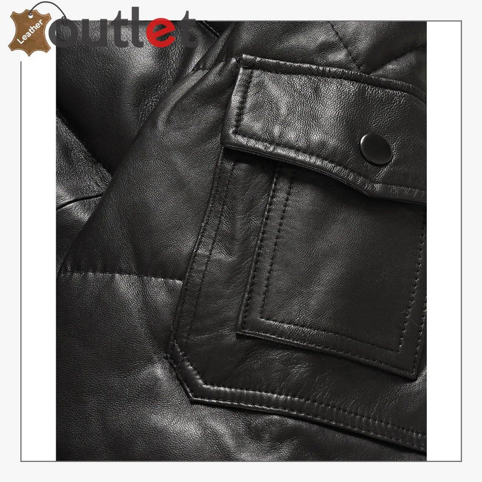 Back view of the mens V bomber jacket in black leather with quilted lining