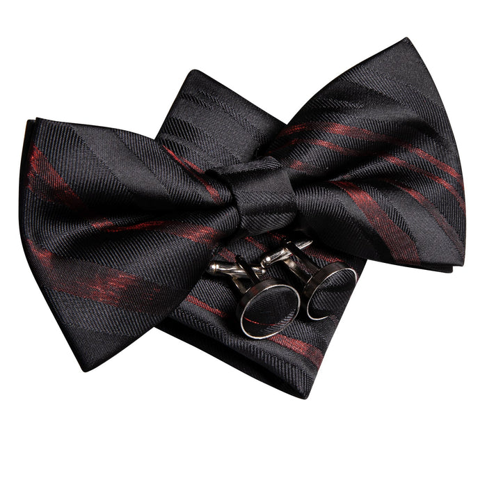 RED BLACK PAISLEY SELF-BOWTIE POCKET SQUARE CUFFLINKS SET-LH-0565 - SimonVon Shop