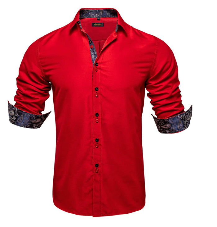 Red Mens's Shirt with contrast colored buttons unique cuffs design -CY-2201 - SimonVon Shop