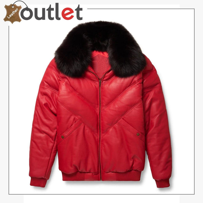 Red shearling lined mens V bomber leather jacket, front view with fur collar