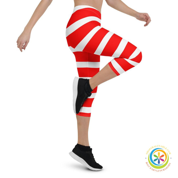 Red & White Candy Cane Capri Leggings-ShopImaginable.com