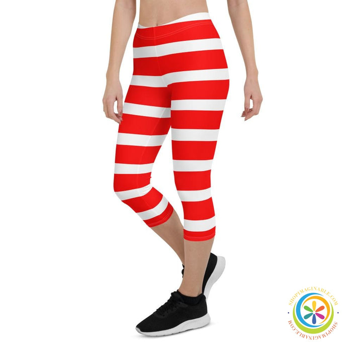 Red & White Candy Cane Capri Leggings-ShopImaginable.com
