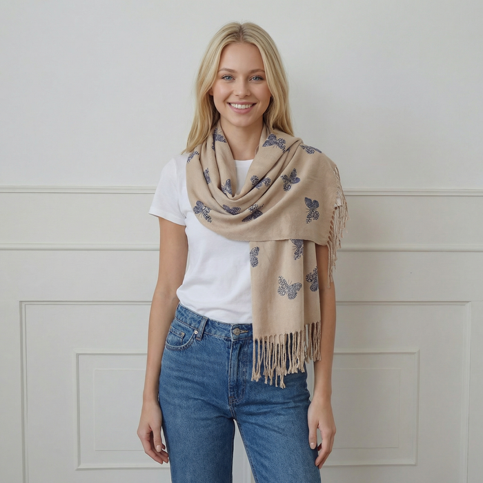Remo - Glitter Butterfly Pashmina Scarf (70x180cm) - Cream