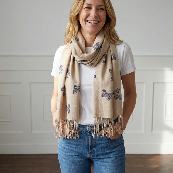 Remo - Glitter Butterfly Pashmina Scarf (70x180cm) - Cream