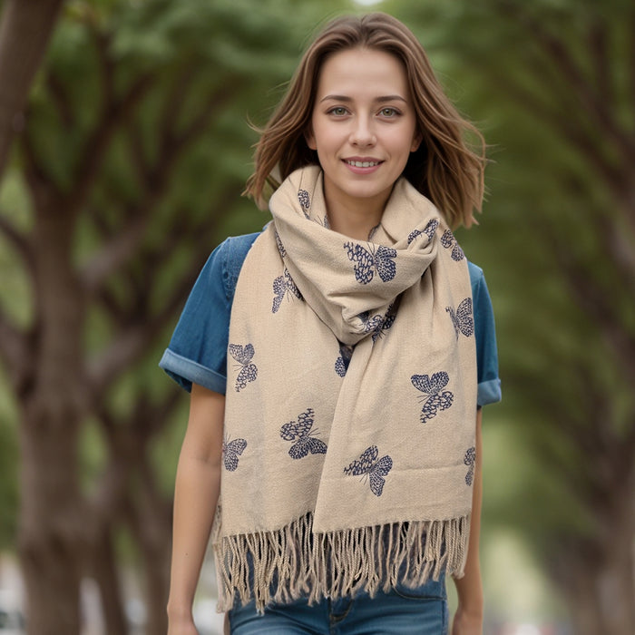 Remo - Glitter Butterfly Pashmina Scarf (70x180cm) - Cream