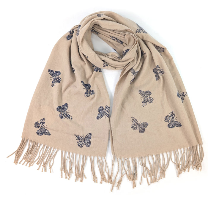 Remo - Glitter Butterfly Pashmina Scarf (70x180cm) - Cream