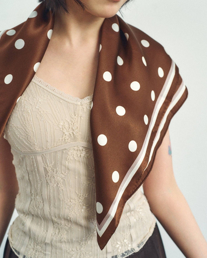 Retro Polka Silk Bandana Scarf - Cafe Au Lait