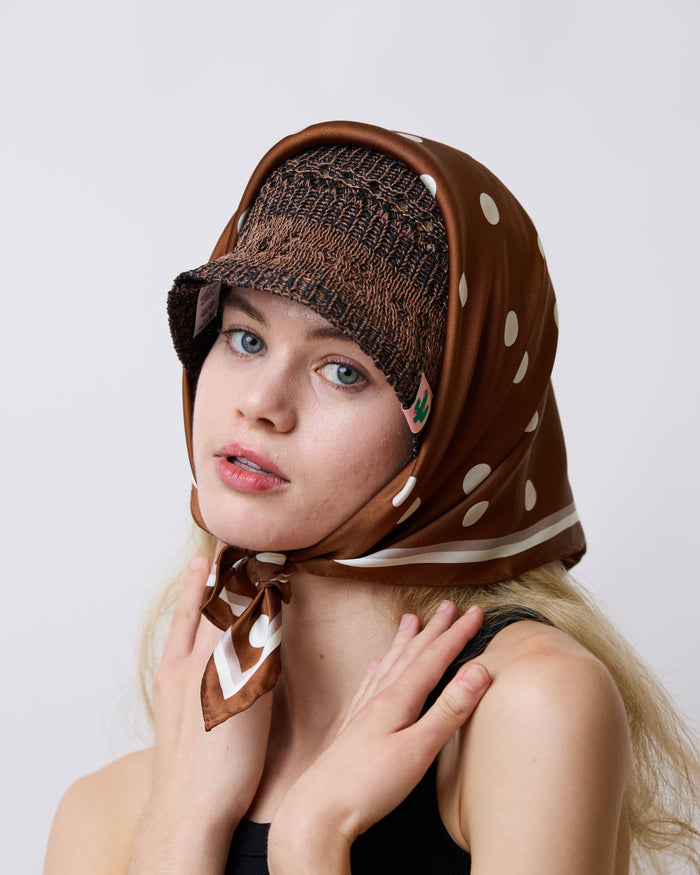 Retro Polka Silk Bandana Scarf - Cafe Au Lait