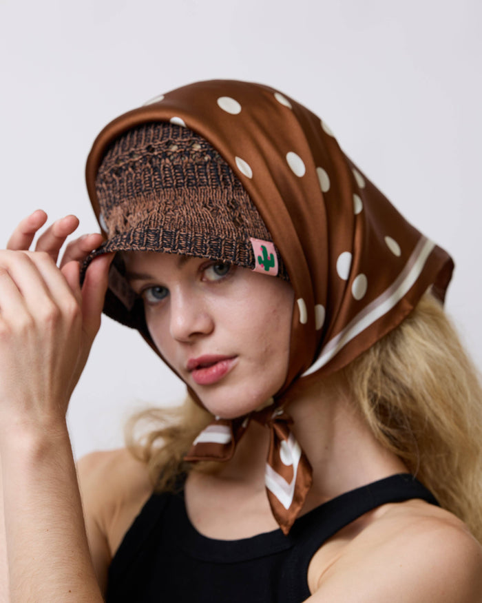 Retro Polka Silk Bandana Scarf - Cafe Au Lait