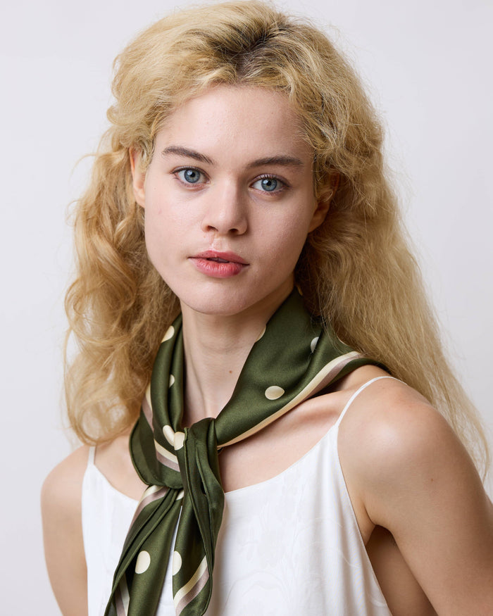 Retro Polka Silk Bandana Scarf - Matcha