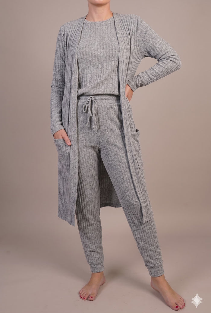 Ribbed 3 Piece Lounge Set (Cardigan + Pullover + Jogger)