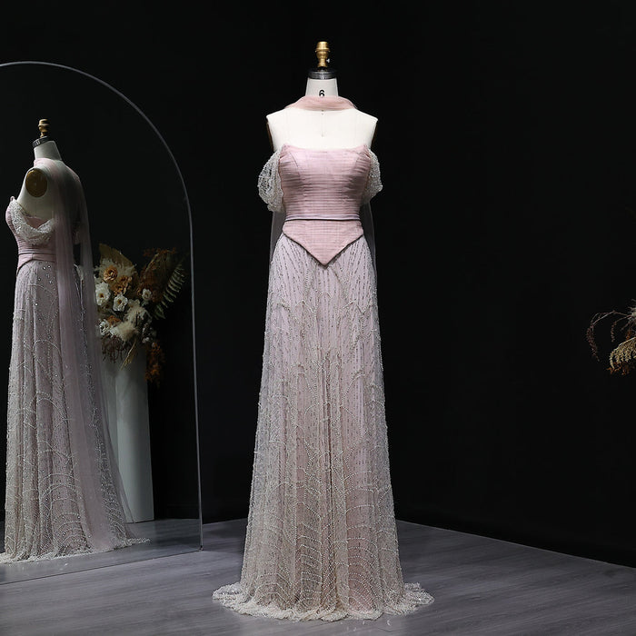 Romantic Beaded Pink Off Shoulder Evening Dress with Scarf SS766