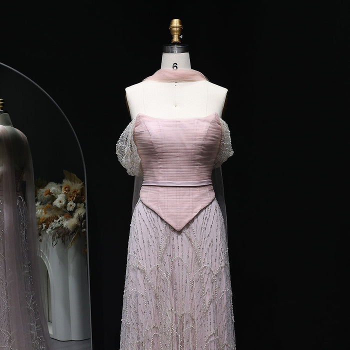 Romantic Beaded Pink Off Shoulder Evening Dress with Scarf SS766