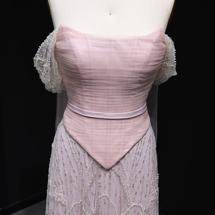 Romantic Beaded Pink Off Shoulder Evening Dress with Scarf SS766