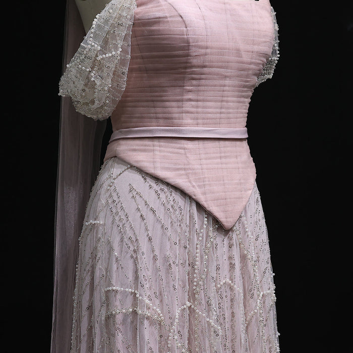Romantic Beaded Pink Off Shoulder Evening Dress with Scarf SS766