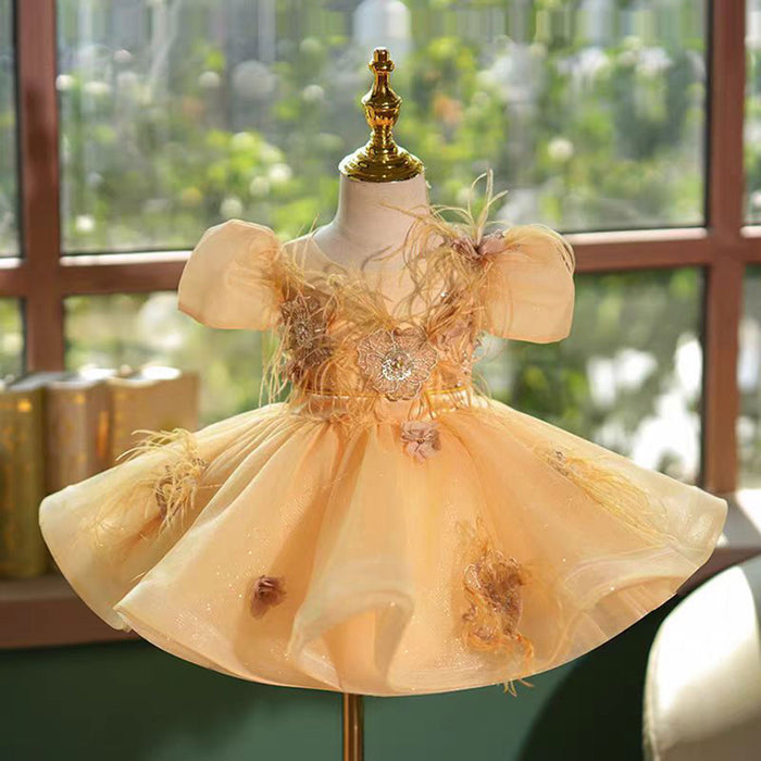 Saprkly Champagne Flower Princess Girl Dress for Kids Birthday Party J783