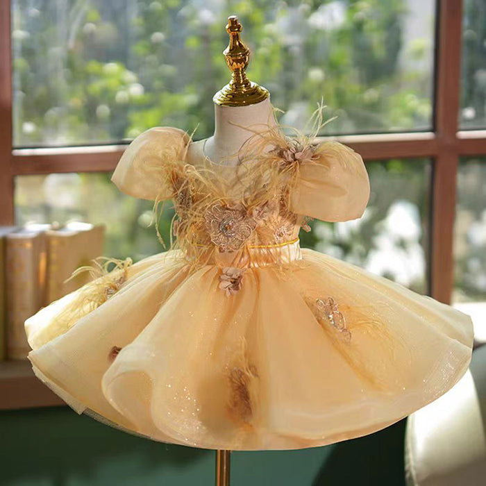 Saprkly Champagne Flower Princess Girl Dress for Kids Birthday Party J783
