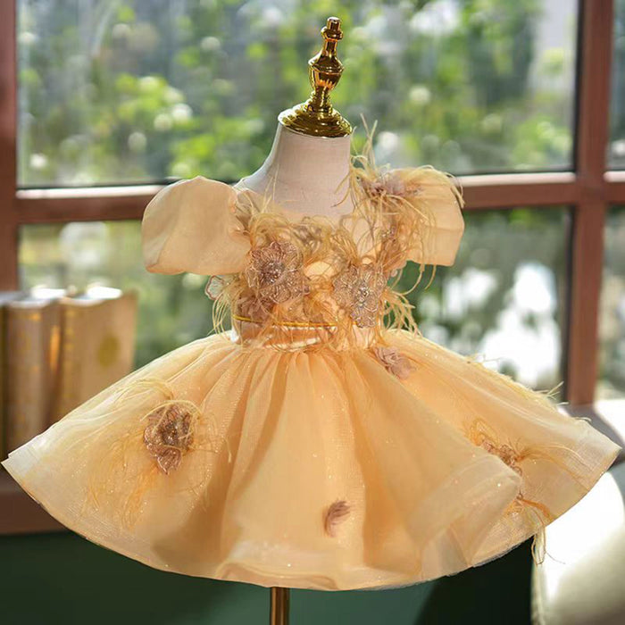 Saprkly Champagne Flower Princess Girl Dress for Kids Birthday Party J783