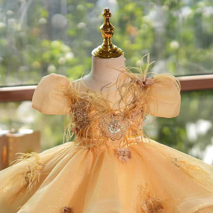 Saprkly Champagne Flower Princess Girl Dress for Kids Birthday Party J783