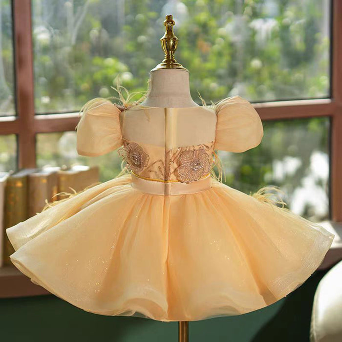 Saprkly Champagne Flower Princess Girl Dress for Kids Birthday Party J783